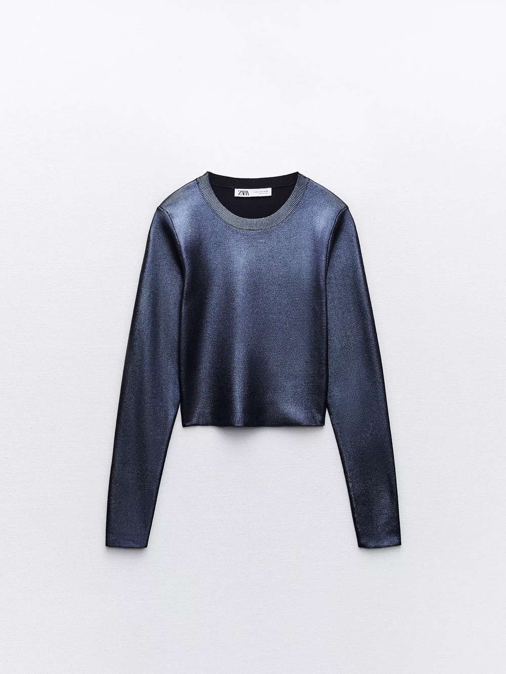 Zara Shimmering Navy Blue Crop Top Long Sleeve